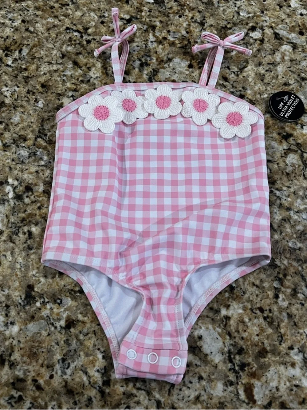 New - Nicole Miller Pink Gingham Floral-Trim One-Piece Swimsuit | Size 18 Months